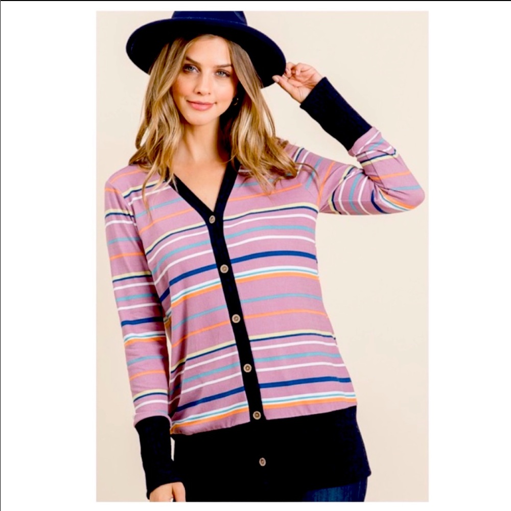 B18💗Sharp💗Pink+multi striped cardigan style2spare B18(4)